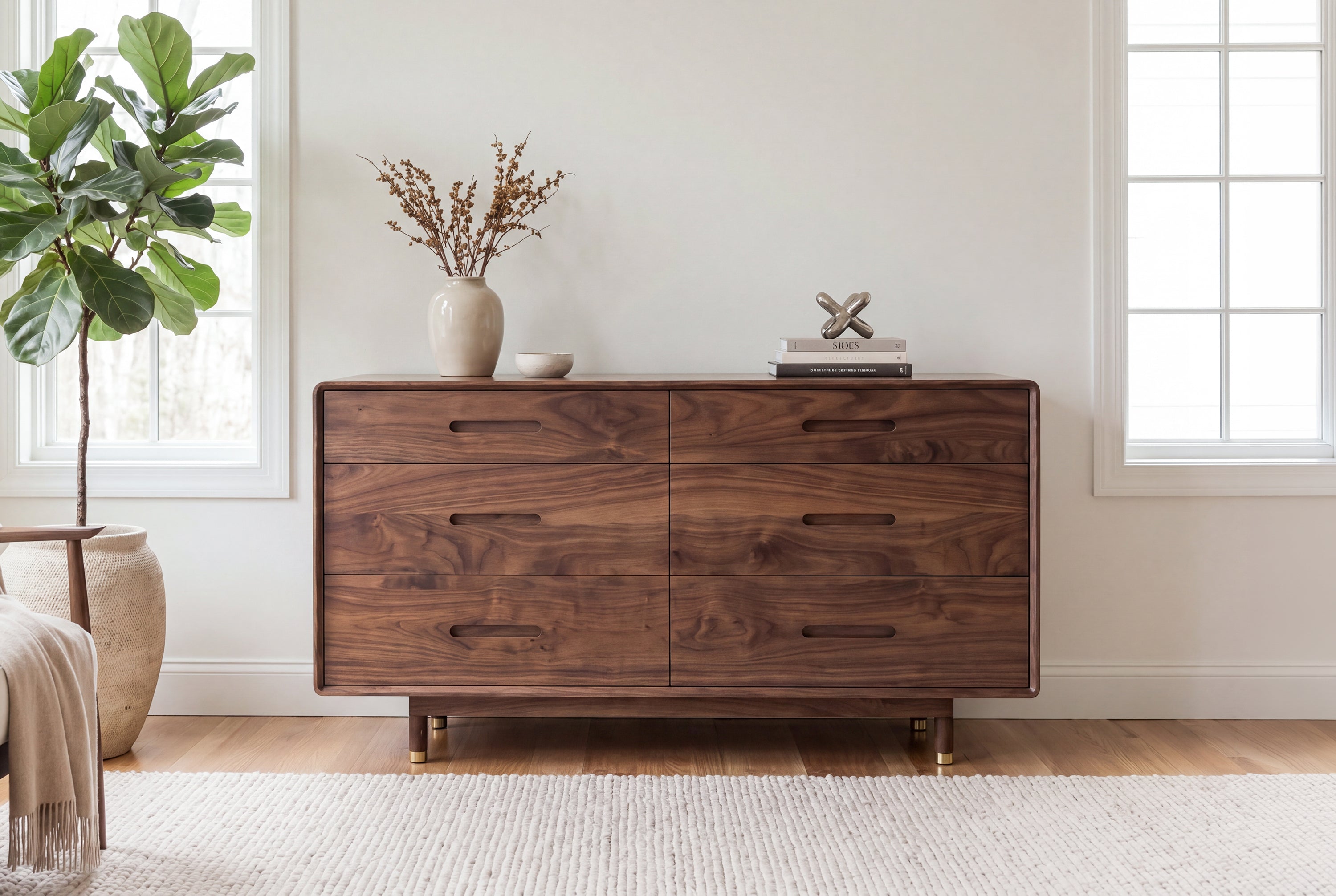 Solid Wood Mid-Century Modern Dresser with Six Drawers