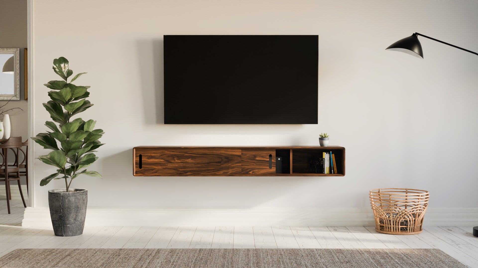 Long Floating Console Low Profile Solid Wood Floating Media Console with Sliding Doors – Avin ...