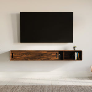 Low Profile Solid Wood Floating Media Console with Sliding Doors