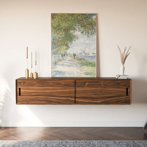 Mid Century Modern Floating Credenza W/ Sliding Doors