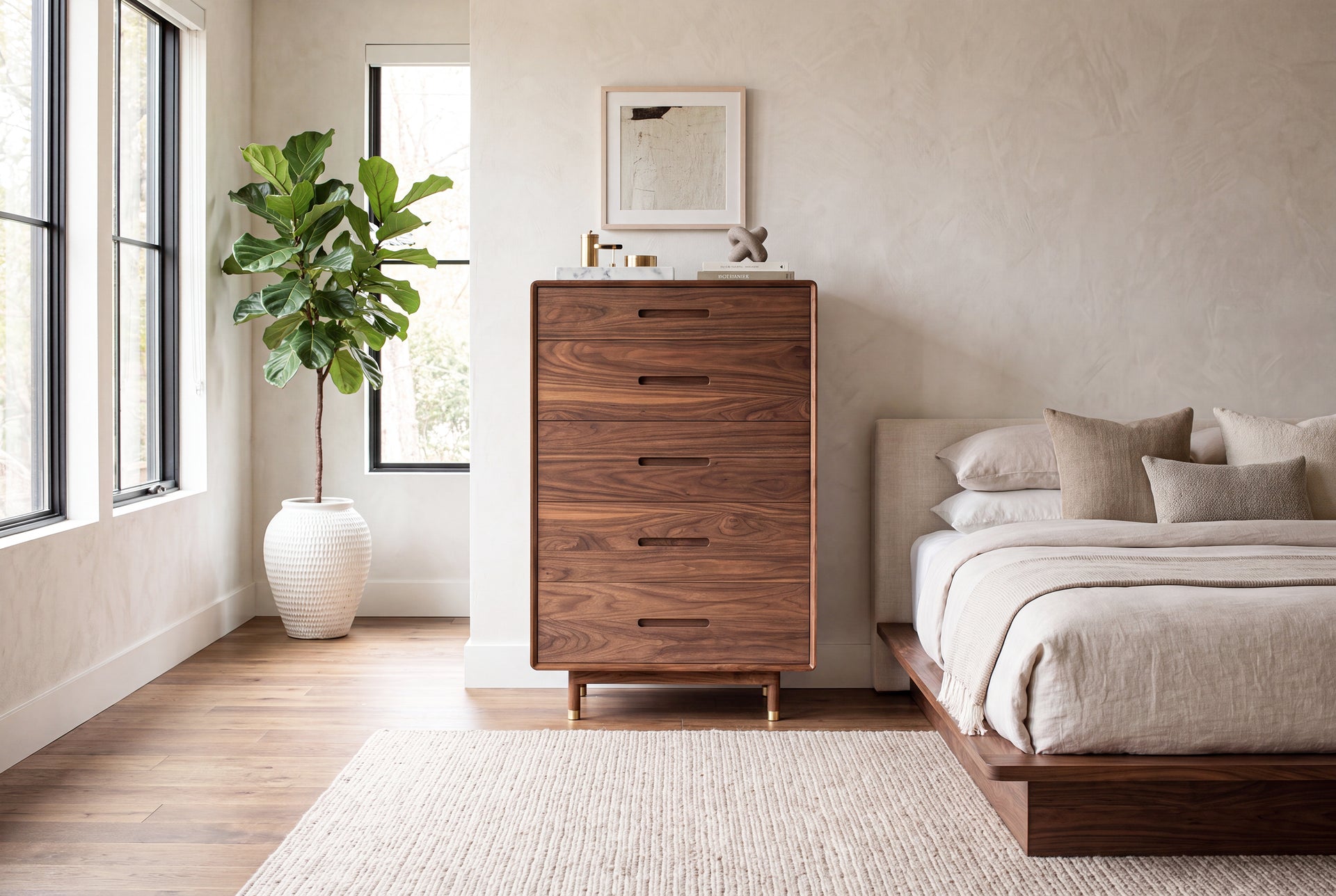 Solid Wood Mid Century Tall Dresser with Five Soft Close Drawers White Oak Natural / Size B
